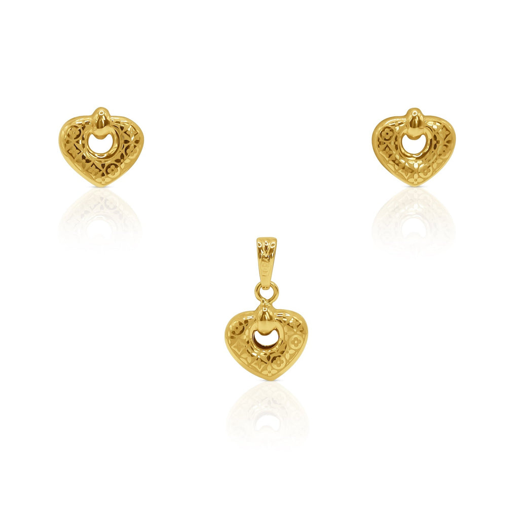 18K Gold Filigree Heart Pendant & Stud Earring Set - Delma Gold Jewelry