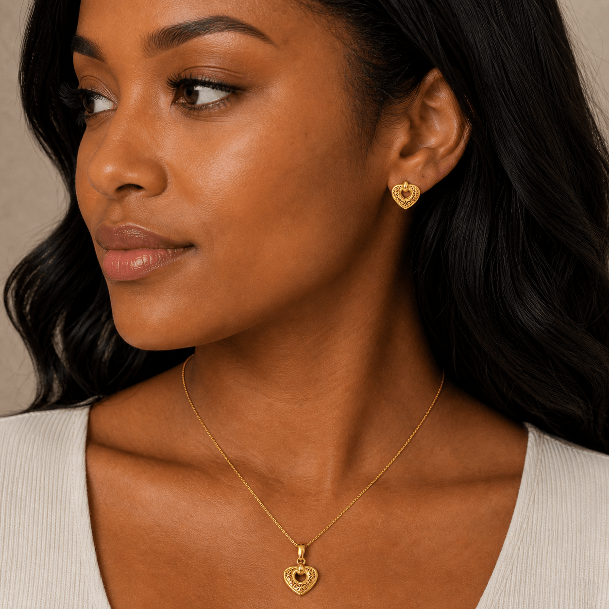 18K Gold Filigree Heart Pendant & Stud Earring Set - Delma Gold Jewelry