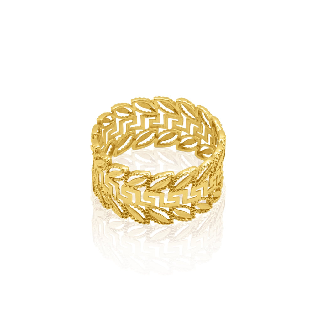 18k Gold Greek Key Leaf Ring - Delma Gold Jewelry