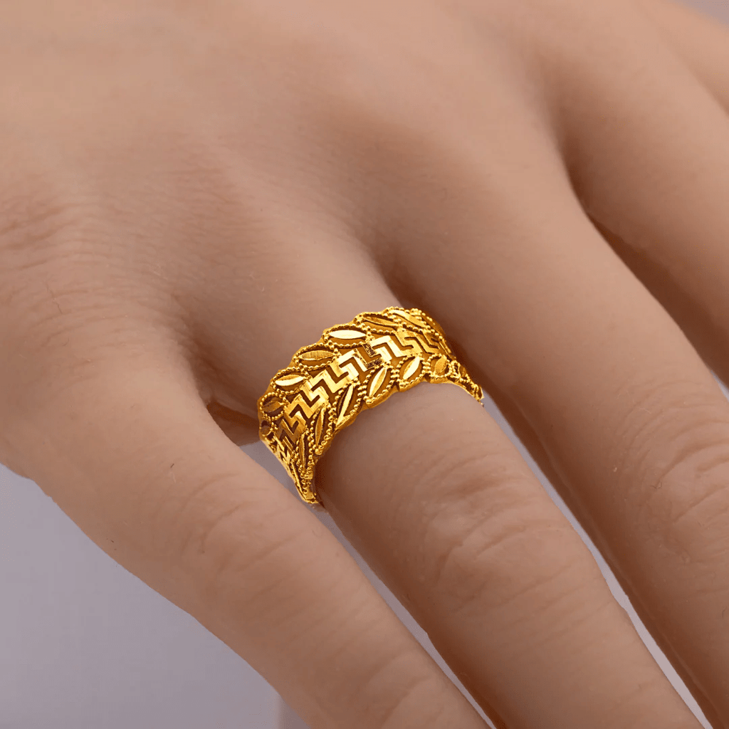 18k Gold Greek Key Leaf Ring - Delma Gold Jewelry