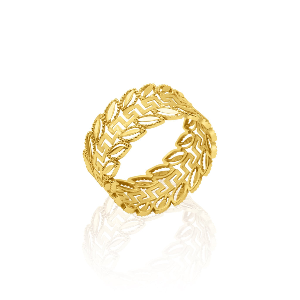 18k Gold Greek Key Leaf Ring - Delma Gold Jewelry
