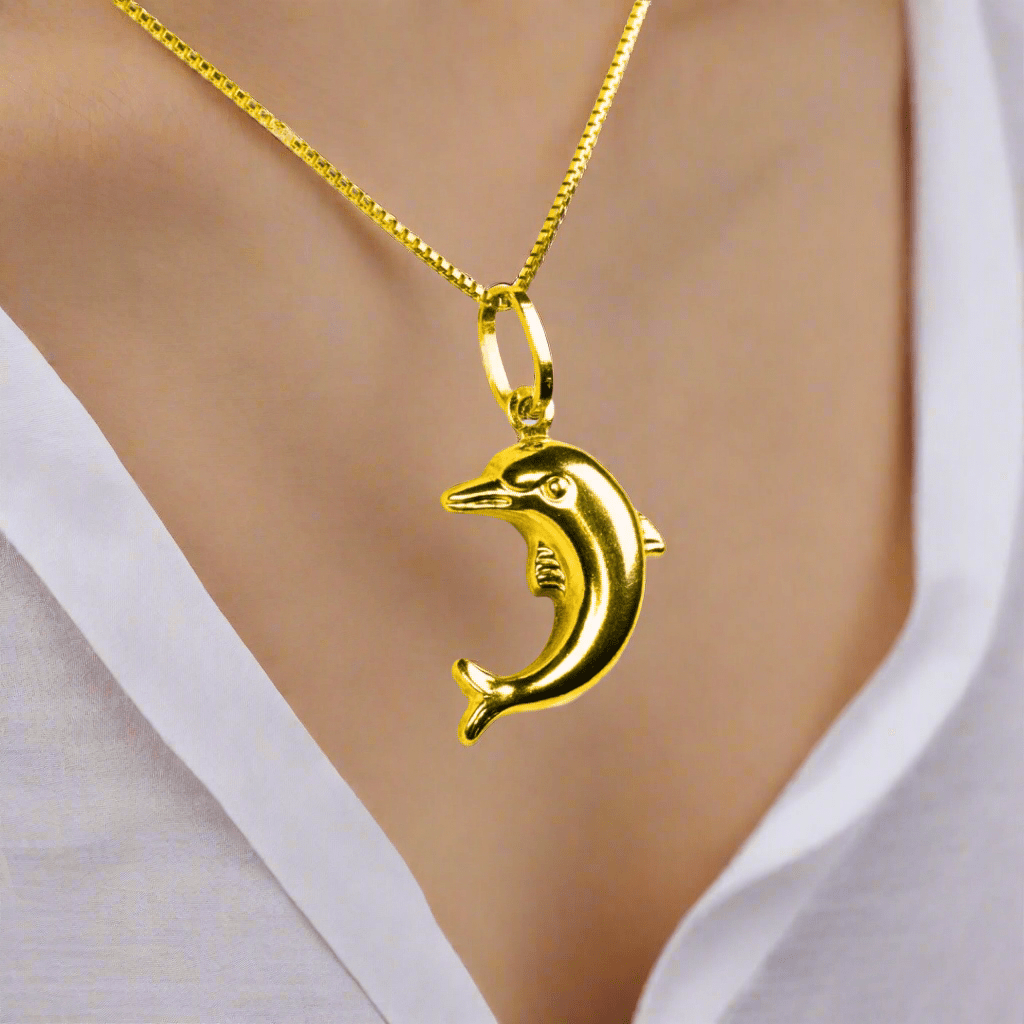 18k Gold Playful Dolphin Pendant - Delma Gold Jewelry