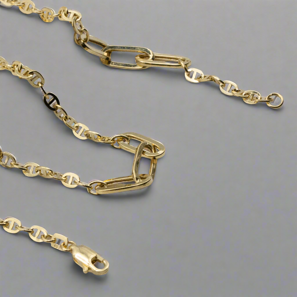 Close-up shot featuring the intricate details of a Mariner chain design necklace, displaying its elegant chains and lobster lock design