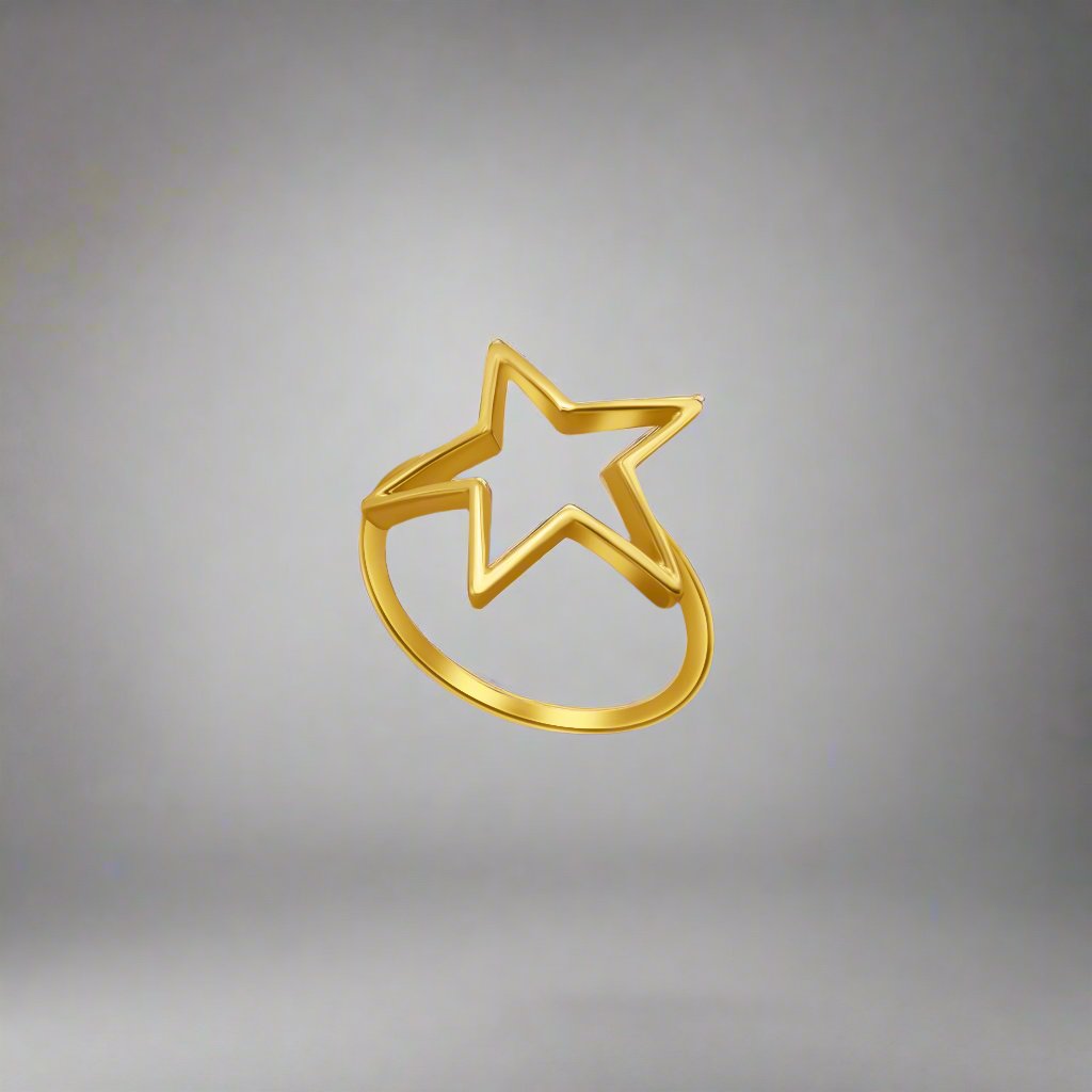 A sleek and modern gold ring featuring a delicate open-star design, polished to a high shine and set against a crisp gray background. The minimalist aesthetic makes this ring versatile, perfect for casual wear or adding a subtle sparkle to formal attire. Its lightweight and elegant design captures timeless charm, making it an ideal gift or a stylish addition to any jewelry collection. The reflective surface beneath the ring adds a touch of sophistication, highlighting its luxurious craftsmanship