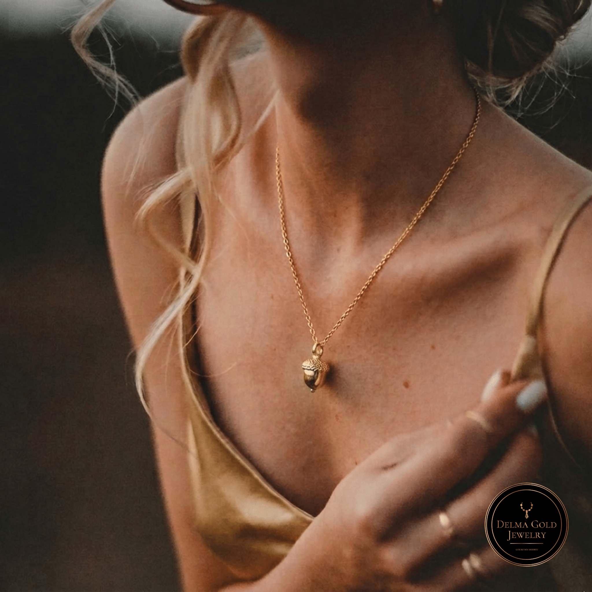 Acorn Charm Pendant, Solid 18K Gold with Micro DGJ Signature - Delma Gold Jewelry