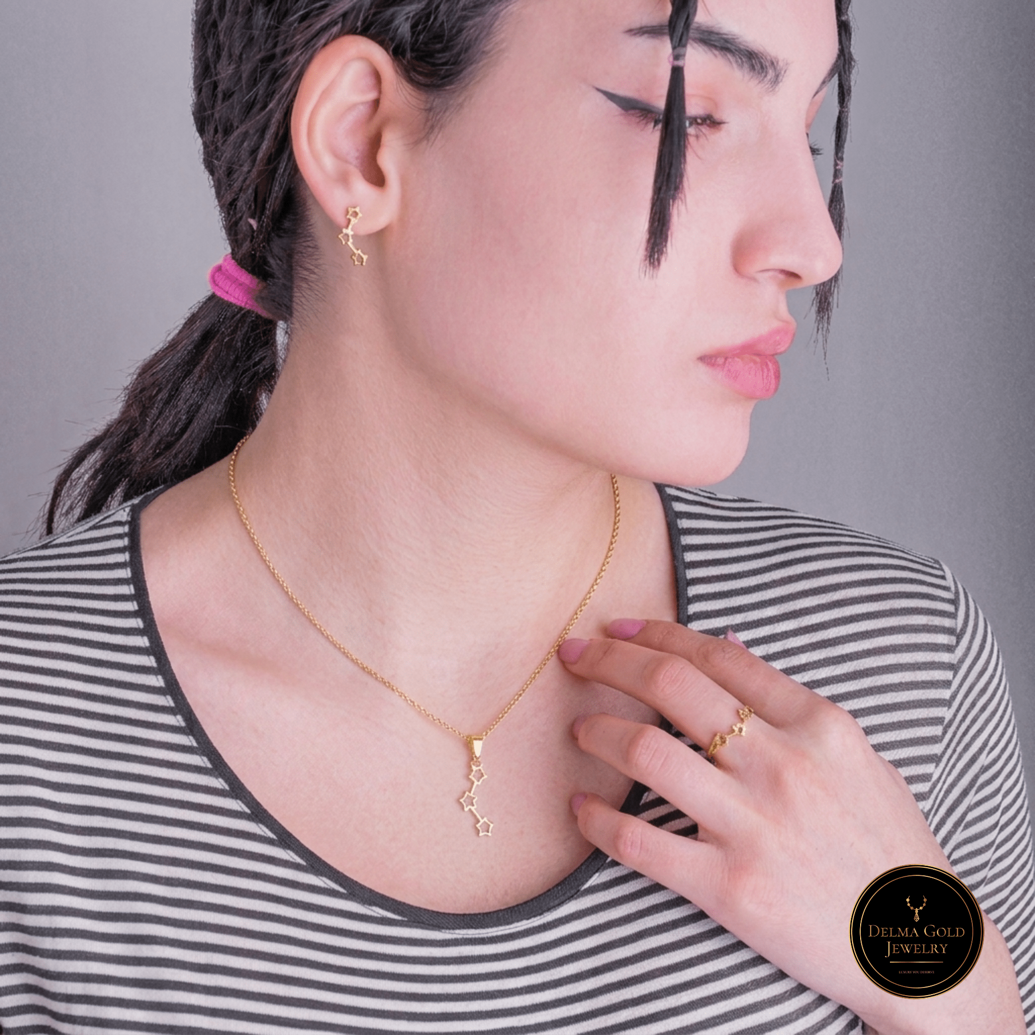 Celestial Star Drop Jewelry Set – 18K Gold Necklace, Earrings & Ring - Delma Gold Jewelry