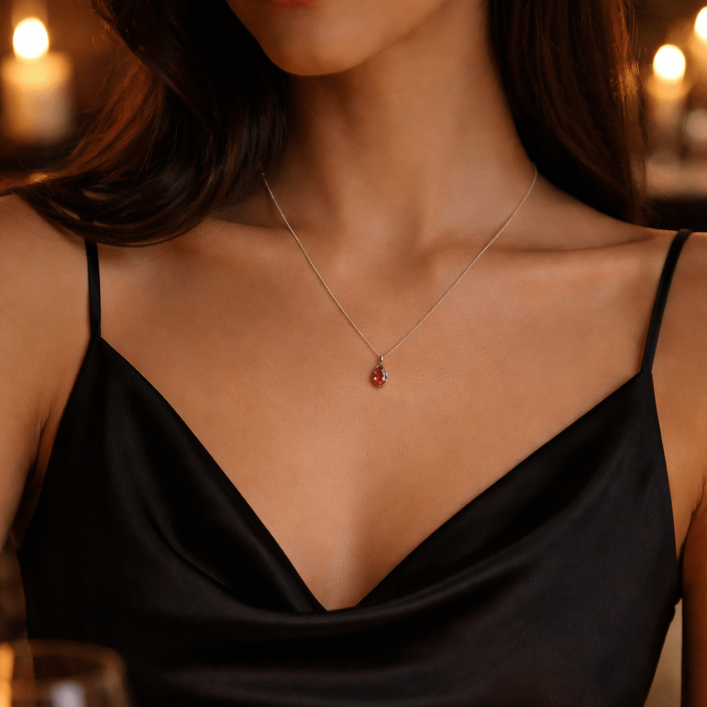 Crimson Elegance Ruby - Inspired Pear Pendant - Delma Gold Jewelry