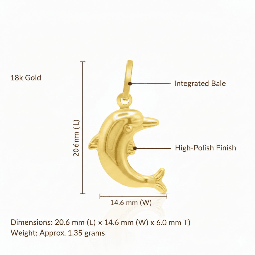 Dolphin Charm Pendant, Solid 18K Gold - Delma Gold Jewelry