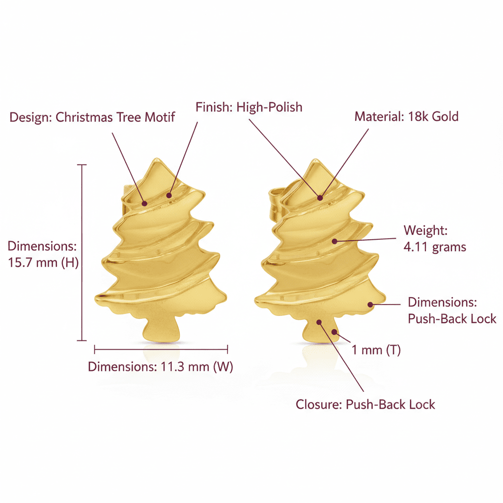Evergreen Tree Earrings, Solid 18K Gold - Delma Gold Jewelry