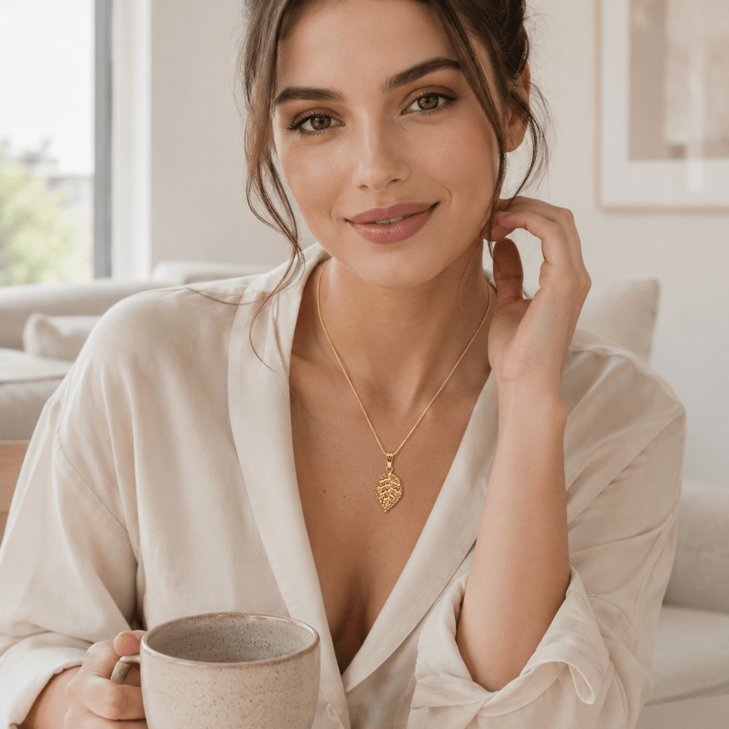 Golden Leaf Vein Pendant – 18K Gold - Delma Gold Jewelry