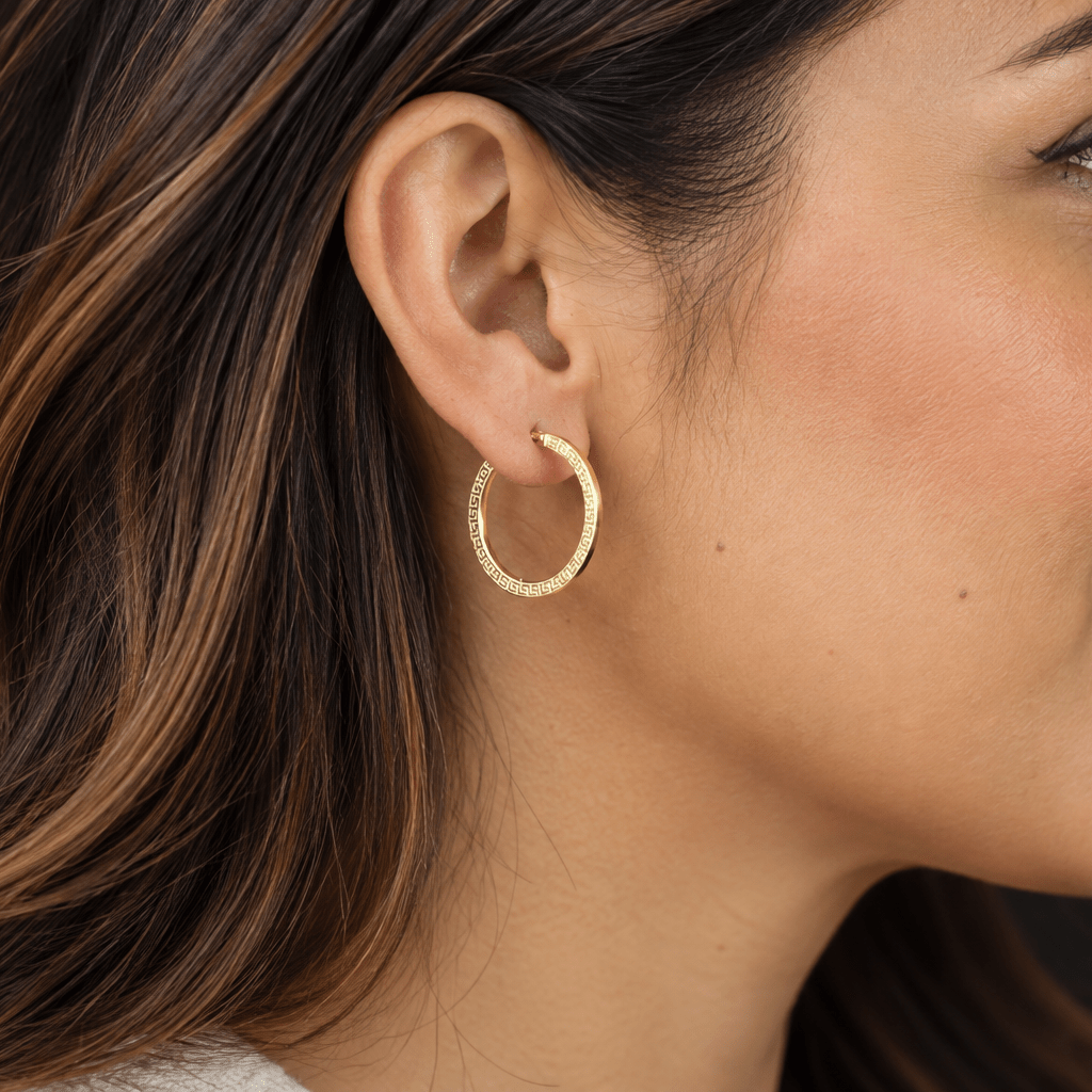 Greek Key Hoop Earrings, Solid 18K Gold - Delma Gold Jewelry
