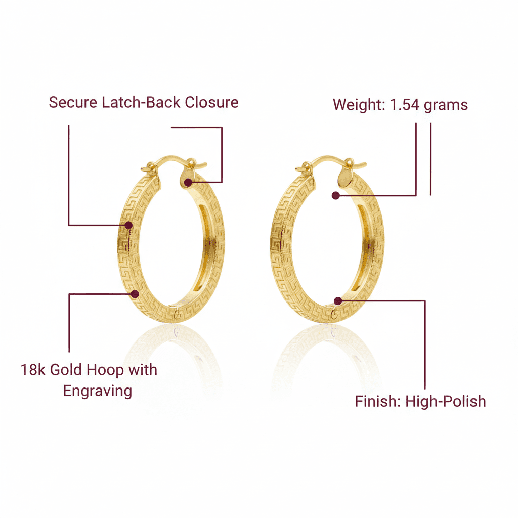 Greek Key Hoop Earrings, Solid 18K Gold - Delma Gold Jewelry