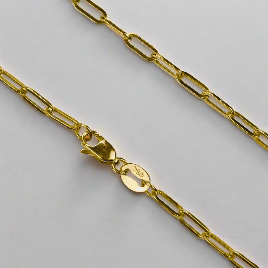 Close-up shot featuring a paperclip design chain necklace, highlighting its intricate lobster lock design