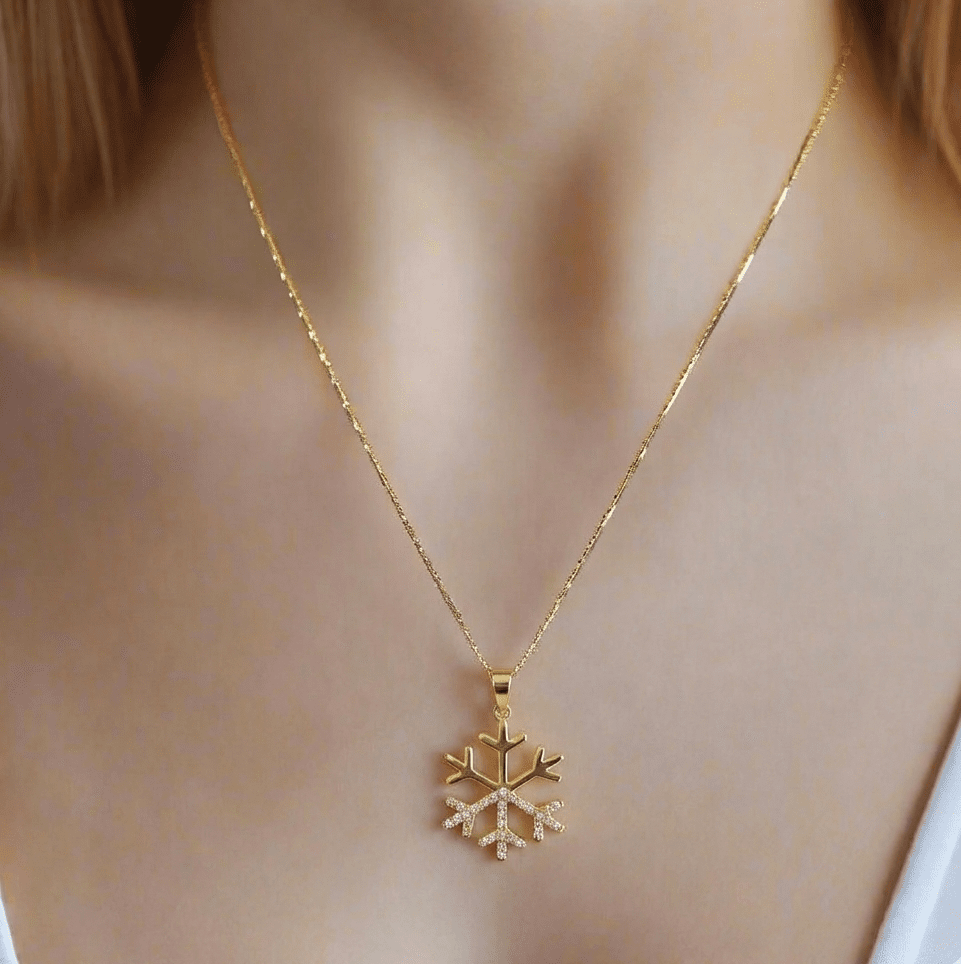 Snowflake Pendant, Solid 18K Gold with Zircon Accents - Delma Gold Jewelry