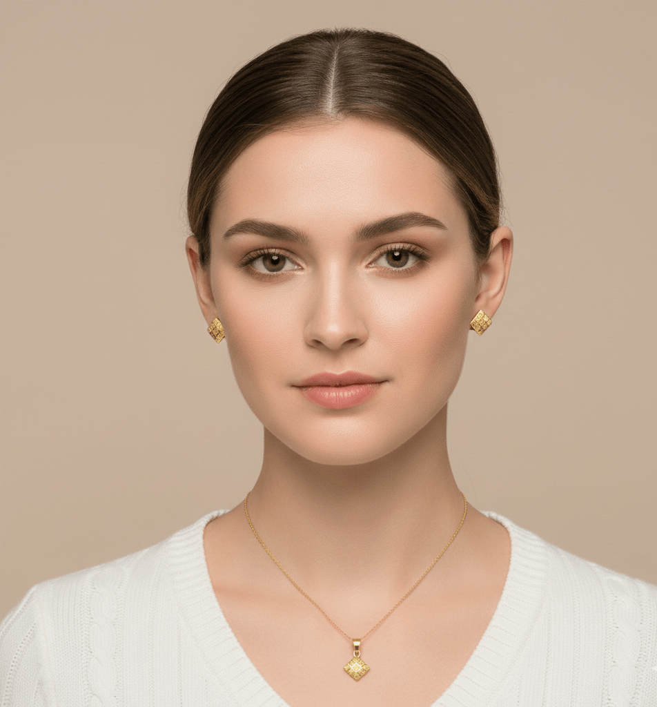 Textured Square Motif Jewelry Set, Solid 18K Gold - Delma Gold Jewelry