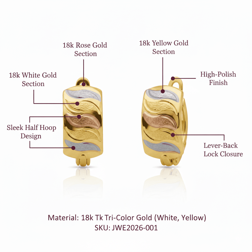 Tri - Gold Half Hoop Earrings, Solid 18K Gold - Delma Gold Jewelry