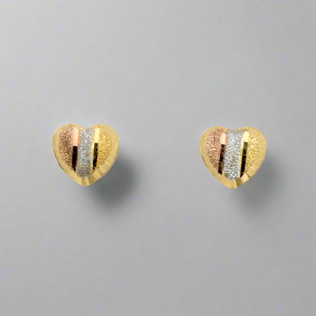 Frontal perspective of a pair of tri-color heart-shaped earrings, showcasing their elegant design