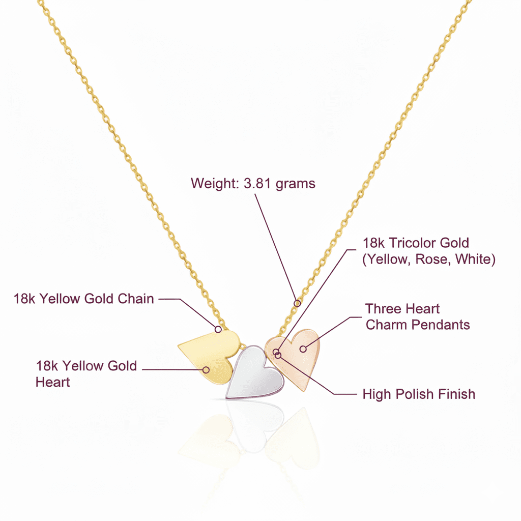 Trinity Heart Charm Necklace, Solid 18K Gold - Delma Gold Jewelry