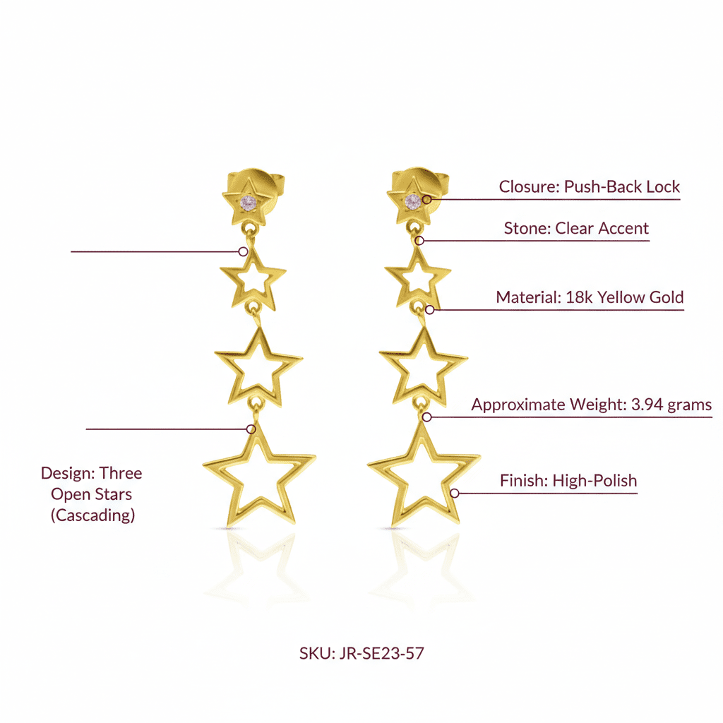Triple Star Drop Earrings, Solid 18K Gold - Delma Gold Jewelry
