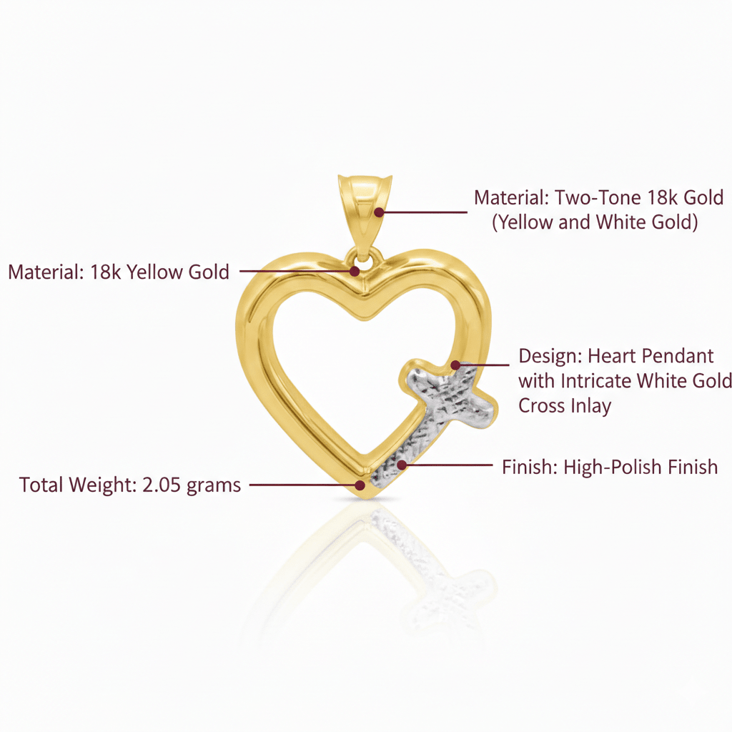 Two - Tone Heart Pendant, 18K Gold with White Gold Cross - Delma Gold Jewelry