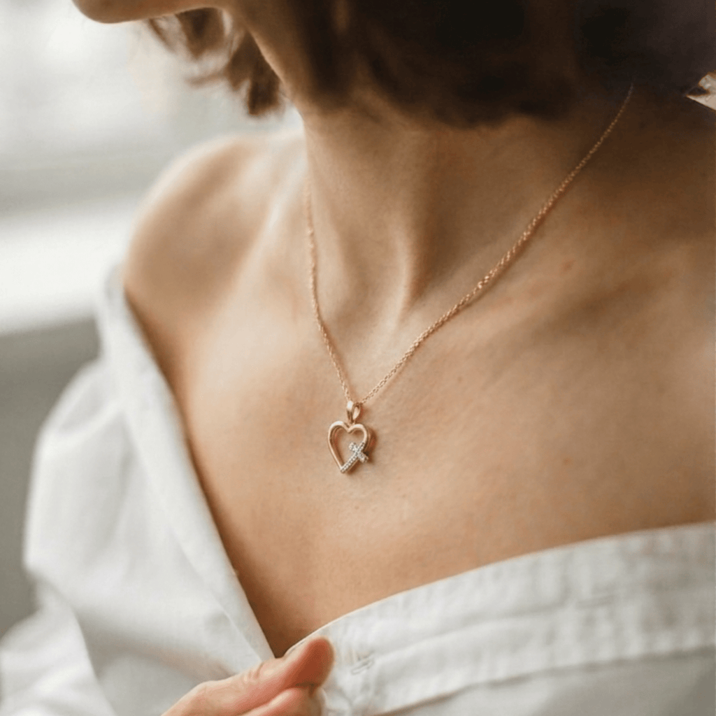 Two-Tone Heart Pendant, 18K Gold with White Gold Cross - Delma Gold Jewelry