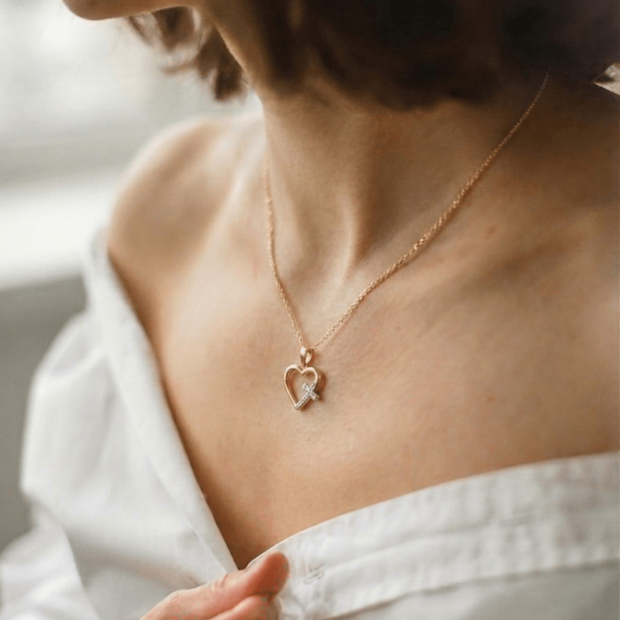 Two-Tone Heart Pendant, 18K Gold with White Gold Cross - Delma Gold Jewelry